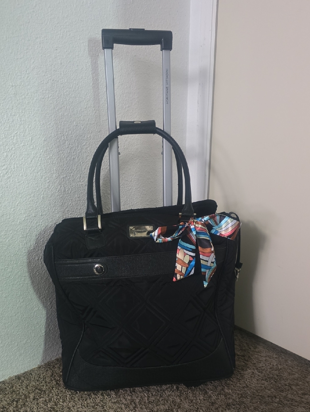 Adrienne Vittadini Black Quilted Rolling Travel Tote with Multicolor Scarf Tie
